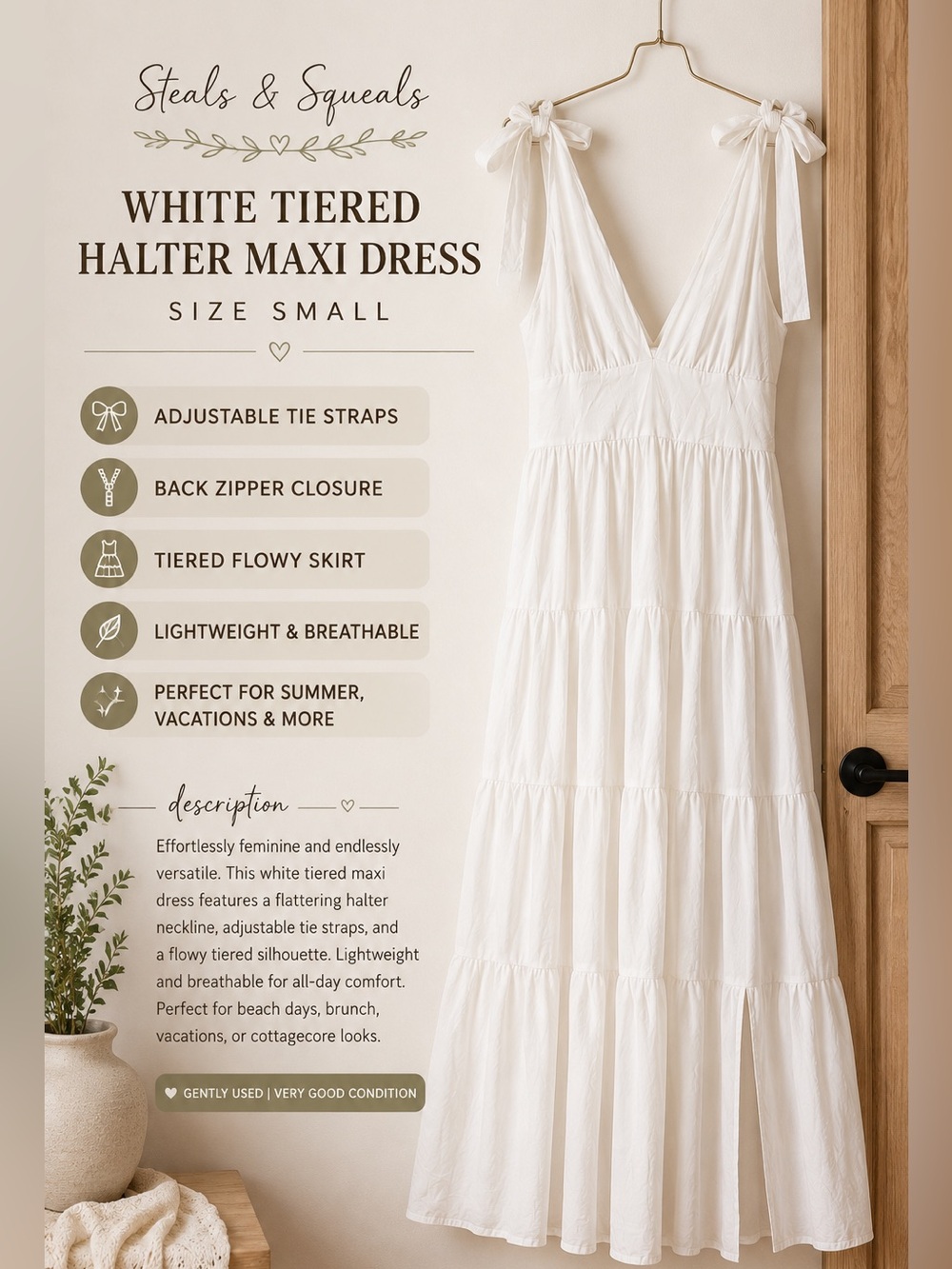 White Tiered Halter Maxi Dress Small Adjustable Straps Boho Cottagecore - Picture 4 of 6